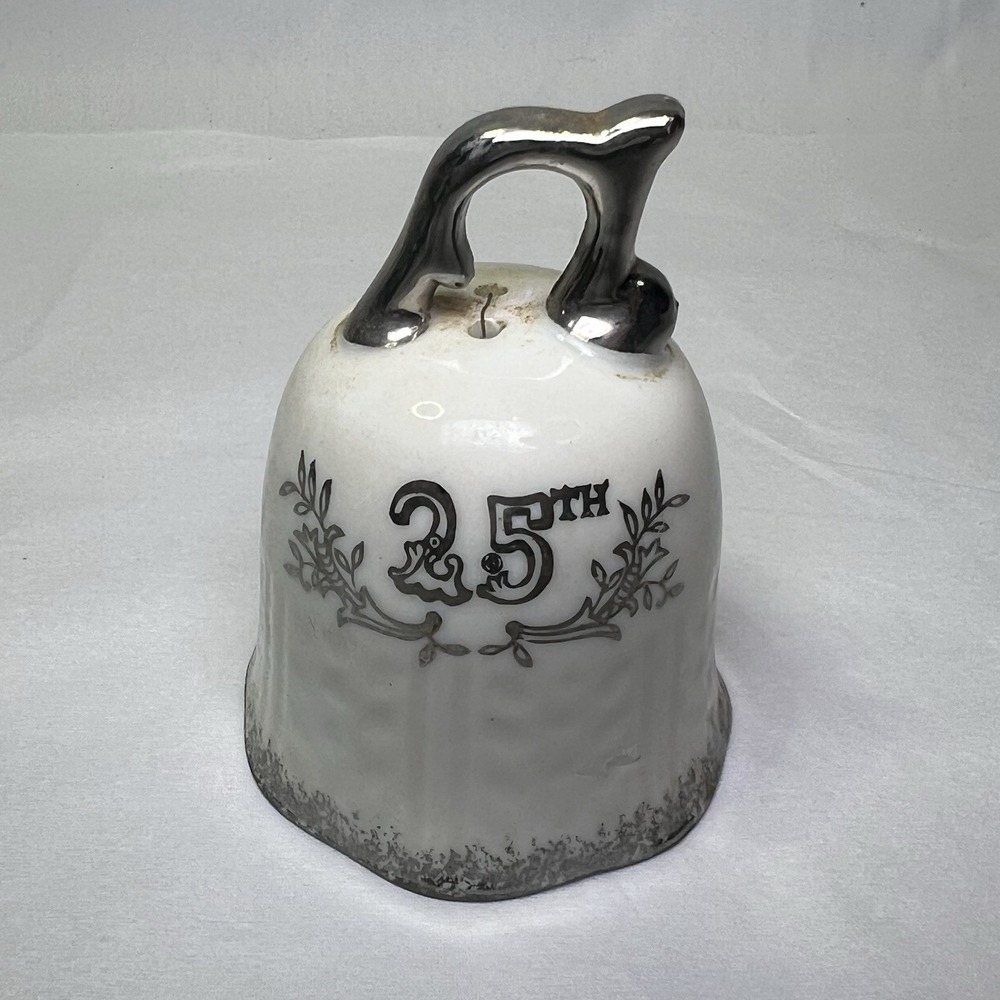 Vintage Lefton Bell 25th Wedding Anniversary Silver‎ Accents Floral Porcelain